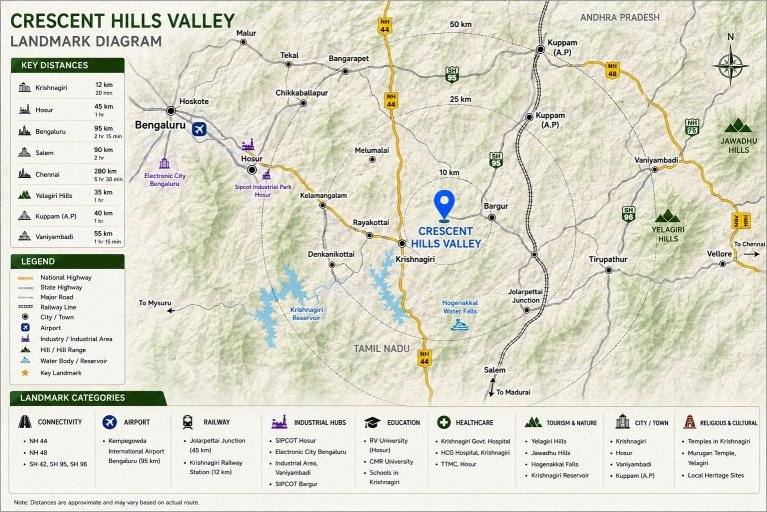 Crescent Hills Valley landmark diagram — key distances and connectivity map