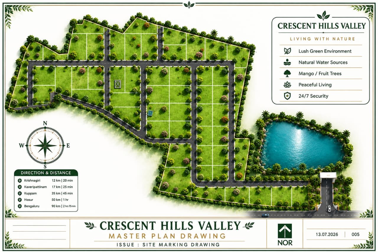 Crescent Hills Valley master layout plan — gated plots near Rayakottai, Hosur