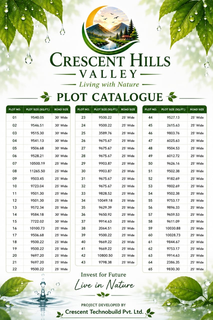 Crescent Hills Valley plot catalogue listing all 65 farmhouse plots with sizes in square feet and road widths